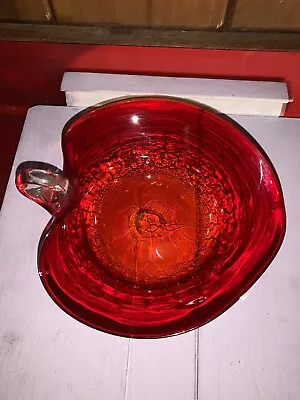 Buy Red Crackle Glass Handled Bowl Slight Amberina Coloring • 23.30£