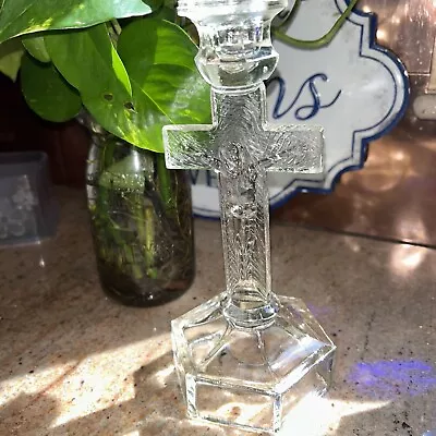 Buy Vintage Clear Pressed Glass Candle Stick Crucifix Catholic Religious Cross 8” • 9.32£