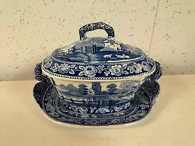 Buy Antique Staffordshire Blue & White Ware Village Church Sauce Tureen & Underplate • 140.04£