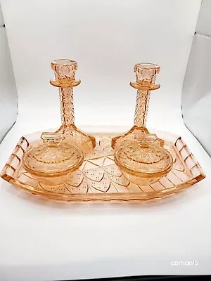 Buy Vintage Pink Depression Glass Candlesticks,Trinket Dishes And Tray Art Deco Set  • 14.99£