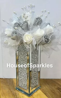 Buy Crushed Diamond Silver Crystal  Mirror Vase With Grey & White Rosey Flowers ✨ • 39.99£