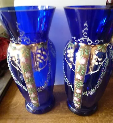 Buy Pair Cobalt Blue Glass  Vases Victorian Large Hand Gilded & Painted Flowers • 75£