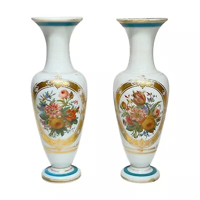 Buy Baccarat Pair Antique 19th Century French Floral Painted Opaline Glass Vases • 931.93£