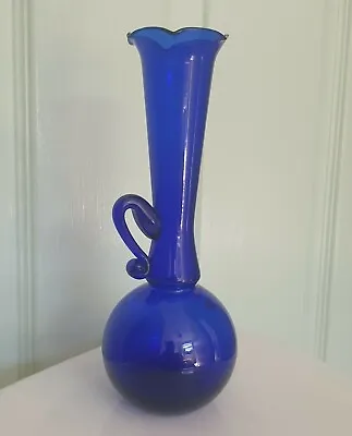 Buy  Cobalt Blue Glass Frilled Edge Ball Base Handled Ewer Vase 20cm Vintage VGC • 14£