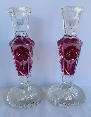 Buy RED ROSE Crystal Bohemian Glass Vintage Art Deco Candle Stick Holder Pair 19cm   • 36.31£