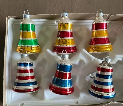 Buy 6 Vintage Striped Bell Glass Christmas Ornaments IOB • 22.37£