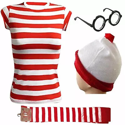 Buy Ladies Where's Wally Costume  Women  Red & White Strips T-Shirt Book Day Dress • 3.99£