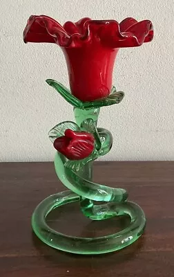 Buy Beautiful Vintage Italian Venetian Murano Red And Green Glass Flower Candlestick • 33.59£