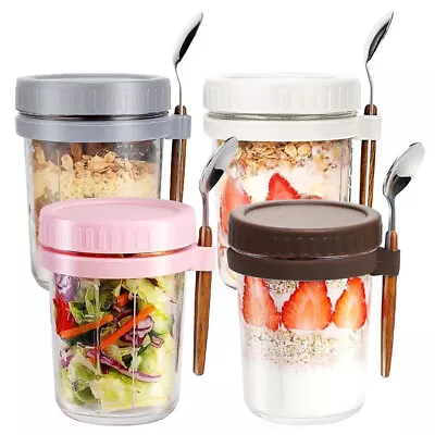Buy 4 Pack 350ML Overnight Oats Container Glass Oatmeal Jars With Lid And Spoon UK • 11.99£