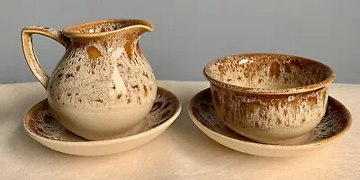 Buy Vintage Fosters Pottery Honeycomb Light Brown Glaze - Jug, Sugar Bowl, 2 Saucers • 9.99£