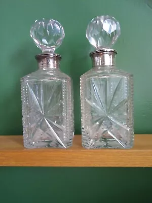 Buy Pair Very Heavy Antique Cut Glass Spirits Decanters - Solid Silver Collars • 115£