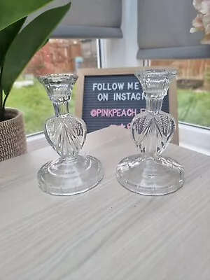 Buy 2 X Vintage Glass Clear Heart Shaped Art Deco Candlestick Holders - 5  • 12£