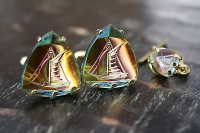 Buy Vtg SWANK Etched Multi Color Glass Sail Boat Sailing Cufflinks Tie Tack Box SET • 70.82£