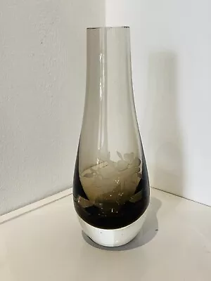 Buy Vintage Caithness Glass Vase Black/Brown With Etched Flower Signed To Base  • 0.99£