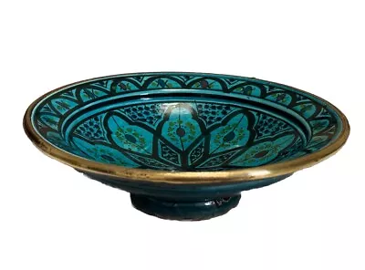 Buy Antique MOROCCAN IZNIK DISH Majolica Islamic Brass Rim Turquoise • 150£