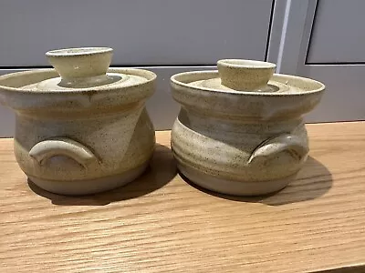 Buy Vintage 2 X Stoneware Pots & Lids 13 X 10cm Beige & Brown Kitchen Storage • 7.50£