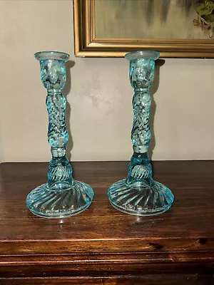 Buy Vintage Ice Blue Pressed Glass Candle Holders Candlesticks • 15.38£