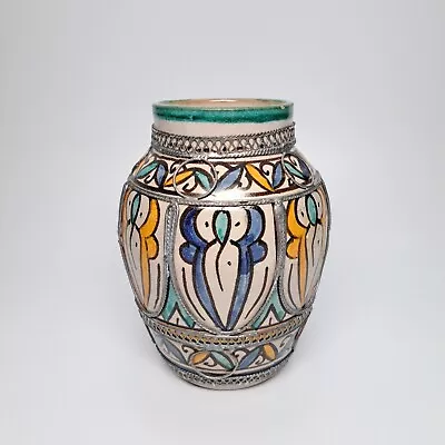 Buy VTG Moroccan Fez Pottery Moorish Polychrome Vase Metal Filigree Overlay 5 3/4   • 27.95£