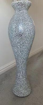 Buy Tall Large Floor Vase Silver White Decor Crackle Glass Mosaic Sparkle • 37.99£
