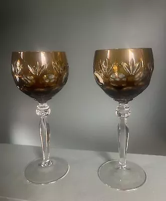 Buy 2pc Bohemian Crystal Wine Hock Amber Brown Cut To Clear Goblet Glasses 7.75” • 41£