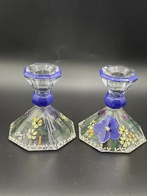 Buy Pair Of Hand Painted Pressed Glass Candle Holders Signed Violet Yellow Flowers • 17.11£
