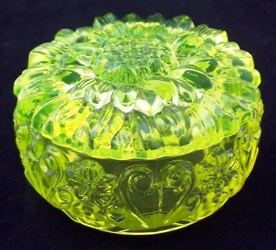 Buy Uranium Glass Vaseline Glass Floral Trinket Powder Box Yellow NEW 8.5cm X 6.5cm • 34£