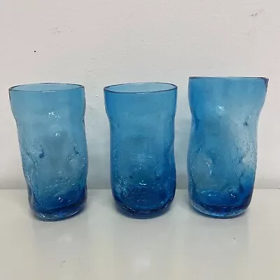 Buy 3 Vintage Blenko 6  Tumblers Colbalt Blue Dimpled Pinched Crackle Art Glass 16oz • 60.68£
