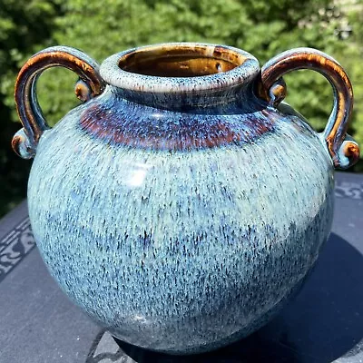 Buy Art Pottery 8  Bulbous Vase With Blue Flambe Glaze & Handles - MCM • 83.83£