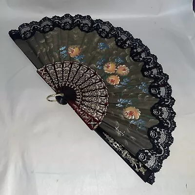 Buy Vintage Spanish Hand Fan 🪭 Gothic Looking With A Hand Painted Floral Design • 9.99£