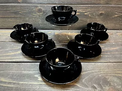 Buy Vintage Black Amethyst Depression Glass Teacup Cups & Saucers Set Of 6 Art Deco • 74.54£