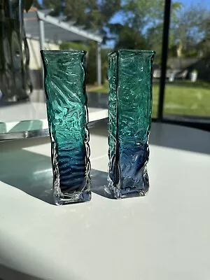 Buy Pair Of Vintage 1970’s Ocean Blue Japanese Tajima Glass Tree Bark Vases • 60£