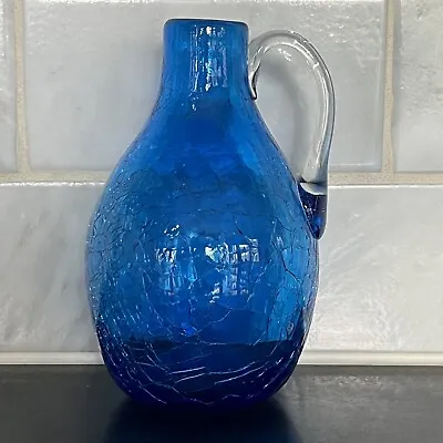 Buy Vintage Handblown Blue Crackle Glass Pitcher Jug W/ Applied Clear Handle 5 1/2  • 22.37£