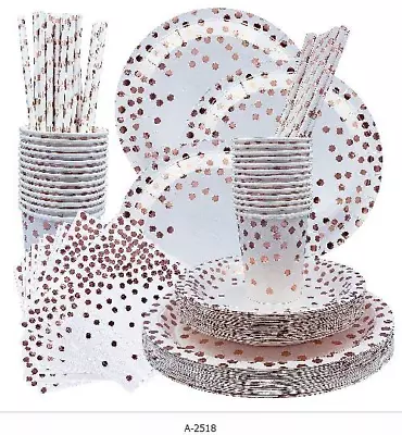 Buy White&RoseGold TABLEWARE SET DINNERWARE PARTY DECORATIONS BIRTHDAY WEDDING PARTY • 19.99£