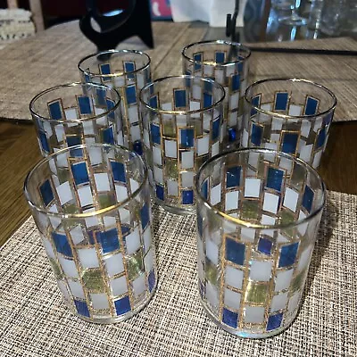 Buy MCM Libbey Nordic Mid Century Barware Glasses Blue Gold Green Square Set Of 7 • 32.62£
