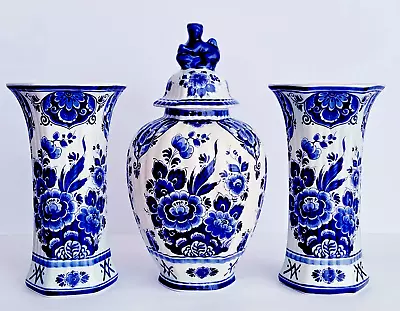 Buy Delft 3- Piece Garniture Set Of Vases Ginger Jar Lidded Vase Hand-painted • 135.91£