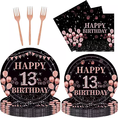 Buy 96PCS 13Th Birthday Party Plates Set Rose Gold Theme Decorations Include Rose Go • 29.33£