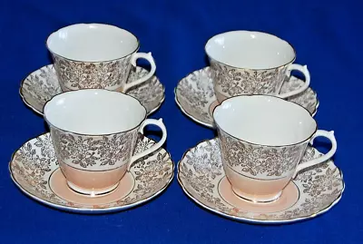 Buy Vintage Bone China Pink & Gold Floral Chintz Set 4 Tea Cups & Saucers, • 9.99£