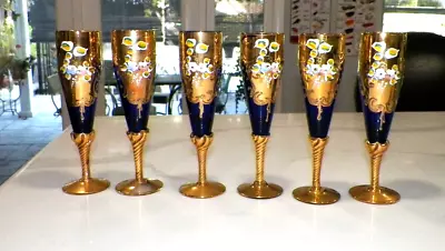Buy Vtg Czech Bohemian Cobalt Blue Handpainted Champagne Flutes Gold Trim - 6 • 116.70£