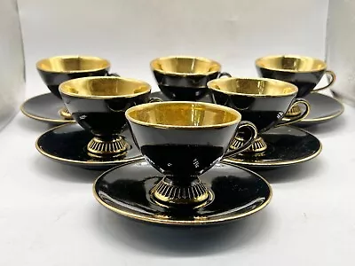 Buy Vintage Set Of 6 Tea Cups And Saucers Black And Gold Hand Made Florentine Teaset • 34.99£