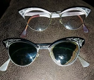 Buy Lot 2 PAIR Vintage American Optical Ladies Cat Eye GOLD & BLACK 12K GF • 31.06£