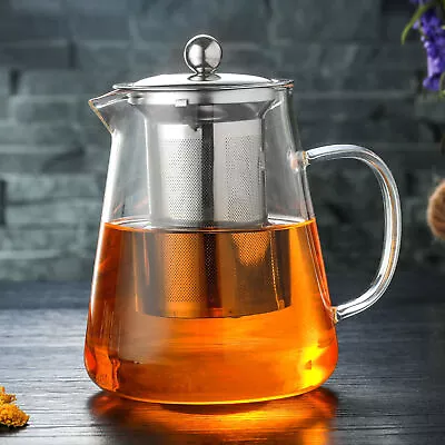 Buy 750ML Heat Resistant Clear Glass Teapot Jug W/Infuser Coffee Tea Leaf Herbal Pot • 6.33£
