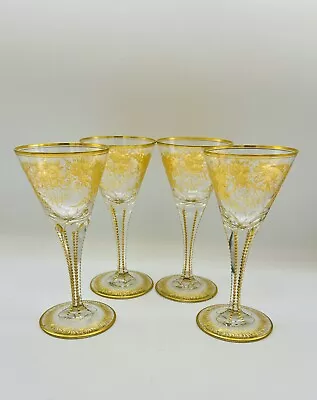Buy Set 4 Lovely Antique Bohemian Moser Glass Gold Intaglio Etched Wine Stems • 368.11£