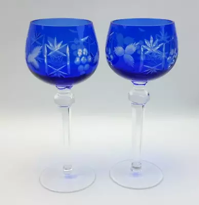 Buy 2x Cobalt Blue Flash Cut Crystal 21cm / 290ml Wine Glasses - Vintage • 56£
