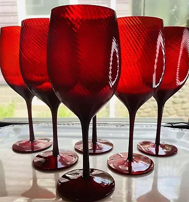 Buy Rare Ralph Lauren Sutton Ruby Red Optic Swirl Wine Glass Set Of 6 Stunning! • 149.10£