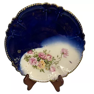 Buy Vintage Royal Bavarian, Hand Painted Plate Cobalt Blue With Roses Scalloped • 33.11£