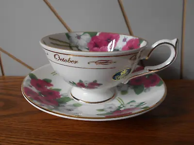 Buy OCTOBER  Flower Of The Month Bone China Cup And Saucer AYNSLEY Pink, White • 24.99£