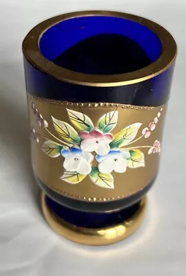 Buy Cobalt Blue Bohemian Glass Vase With Gold Painted Flowers Decoration • 10£
