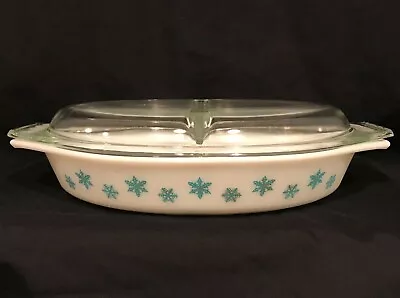 Buy Vintage Pyrex Turquoise Snowflake On White Divided Dish With Lid  • 83.86£