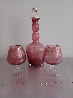 Buy Cranberry Glass Decanter Vintage With Two Brandy Glasses • 65£