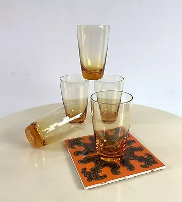 Buy A Set Of  5 Vintage Heavy Based Orange Glass Tumblers • 15£